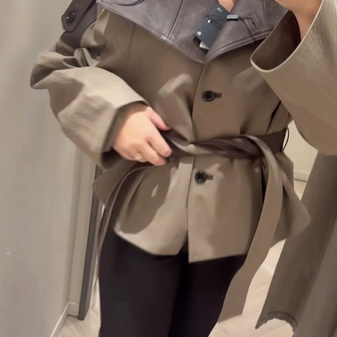 Damen Kurzjacke mit übergroßem Lederkragen und Bindegürtel Drune