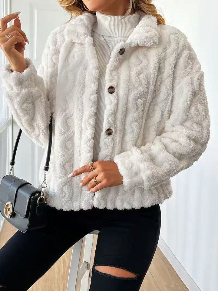 Damen Plüschjacke mit Knopfverschluss und gestreiftem Strukturdesign Drune