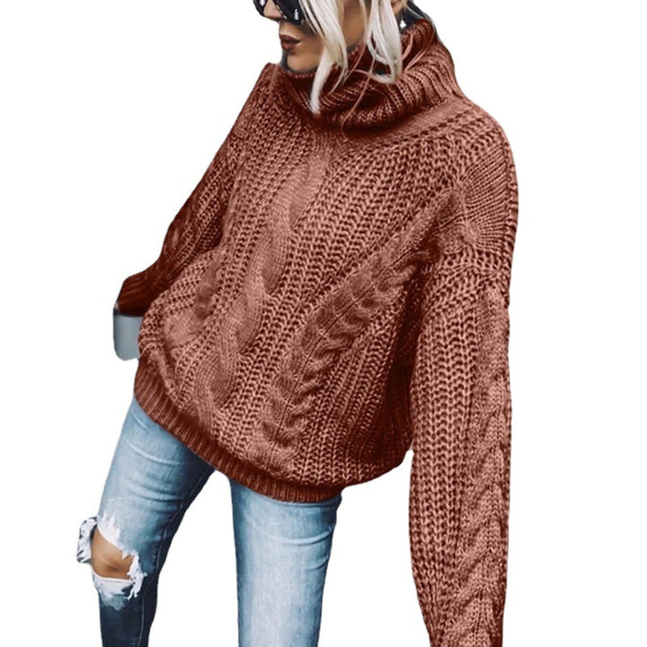 Damen nan Oversized Strickpullover mit grobem Zopfmuster und Rollkragen Drune