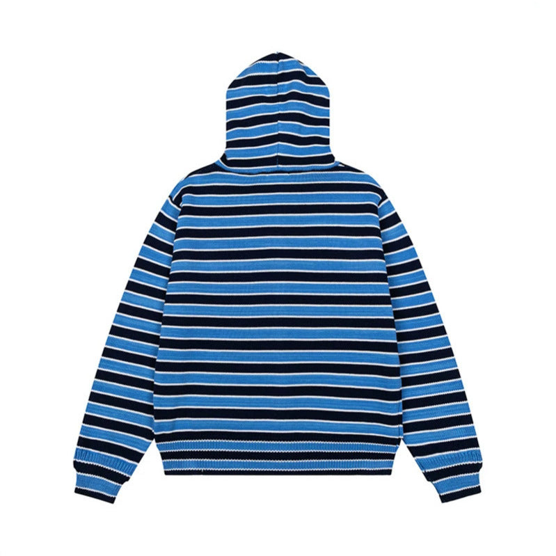 Damen Gestreifte Kapuzen-Strickjacke mit durchgehendem Reißverschluss und Eingrifftaschen Drune