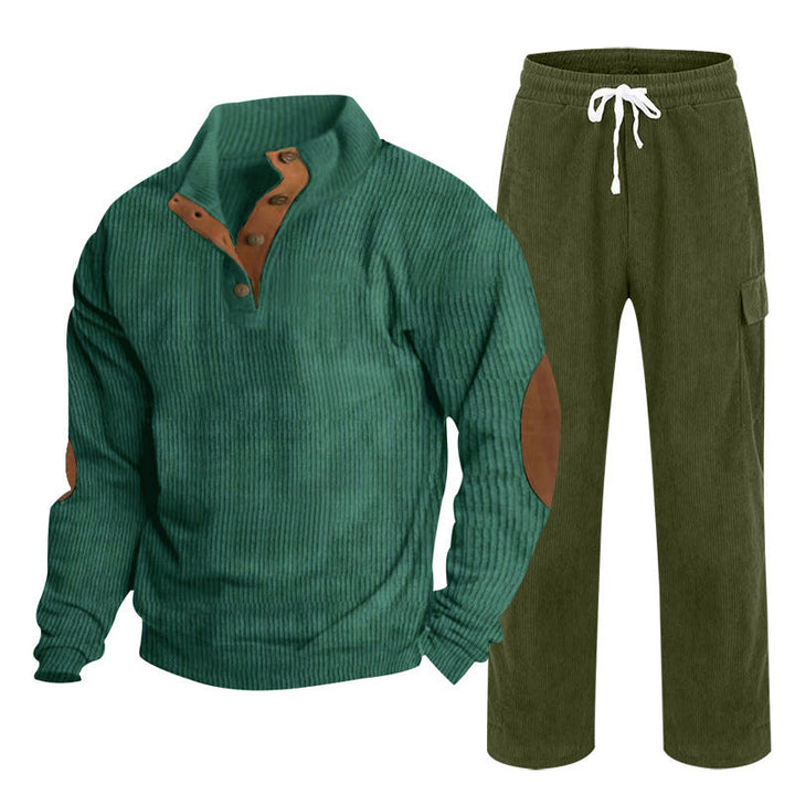 Herren nan strukturiertes Feinstrick-Halbknopf-Pullover und Feincord-Cargo-Zweiteiler Drune