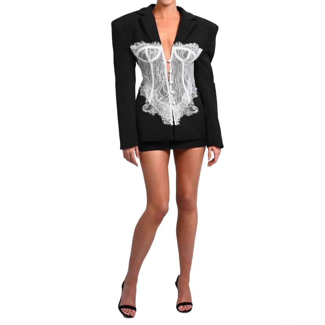 Damen Blazer mit Korsett-Design und Spitzenakzenten Drune