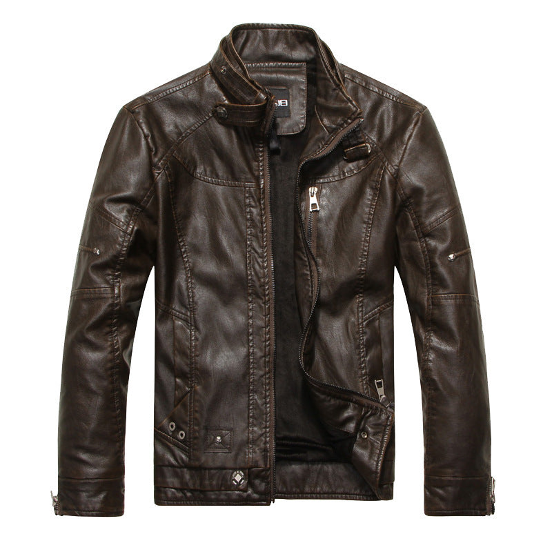 Herren Lederjacke im Bikerstil mit Stehkragen und Ziernähten Drune