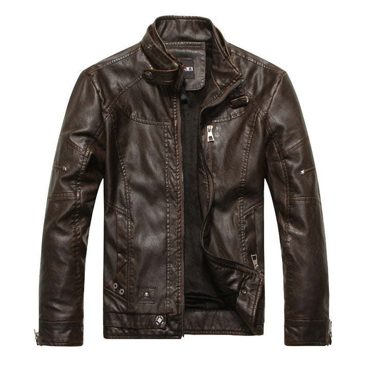 Herren Lederjacke im Bikerstil mit Stehkragen und Ziernähten Drune