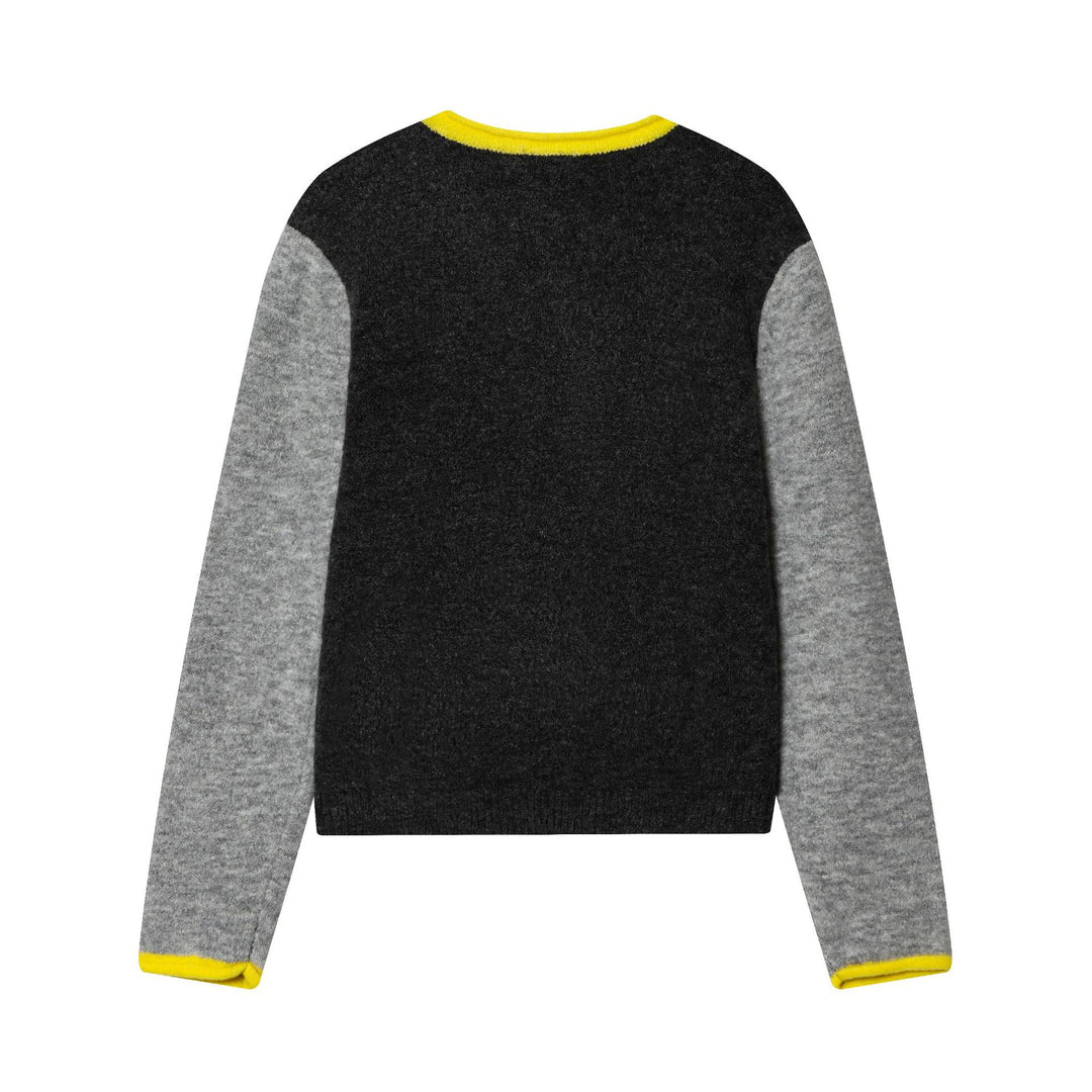 Damen nan kurze zweifarbige Wollcardigan mit kontrastierter Knopfleiste geripptem Saum und Hornknöpfen Drune
