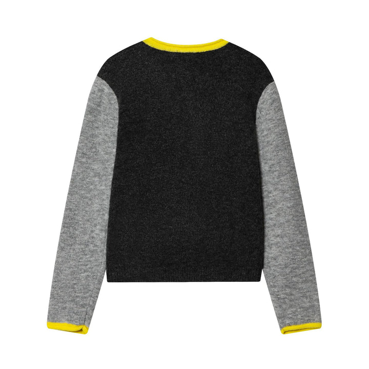 Damen nan kurze zweifarbige Wollcardigan mit kontrastierter Knopfleiste geripptem Saum und Hornknöpfen Drune