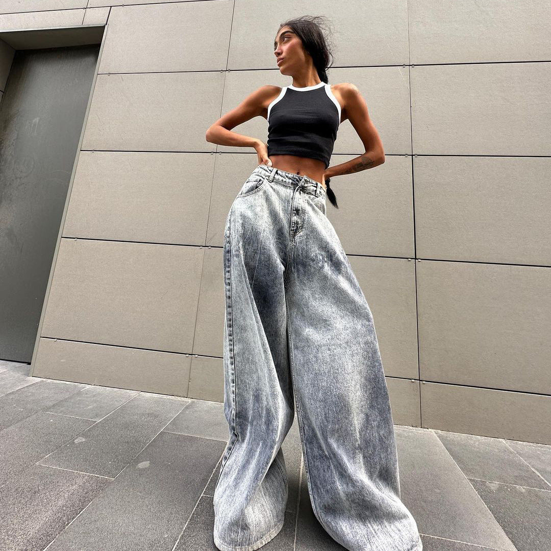 Damen Weite Jeanshose im Vintage-Stil mit hohen Seitentaschen Drune