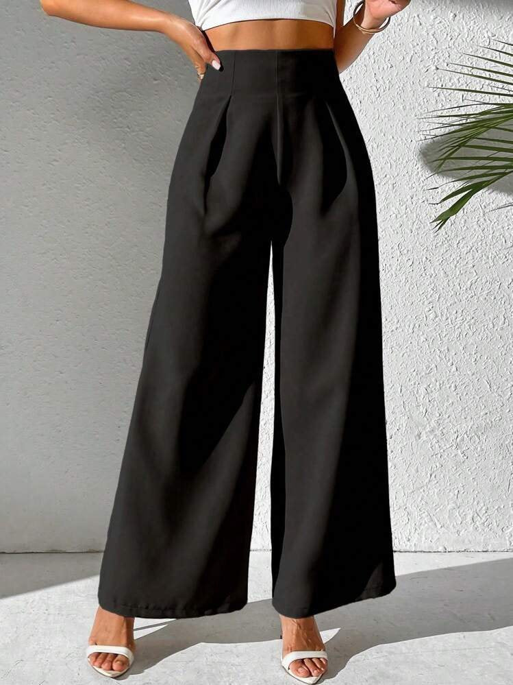 Damen Elegante High-Waist Palazzo-Hose mit Faltenfront und weitem Bein Drune
