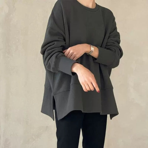Damen Boxy-Sweatshirt mit verlängerter Saumblende, seitlichen Schlitzen und Raglanärmeln Drune