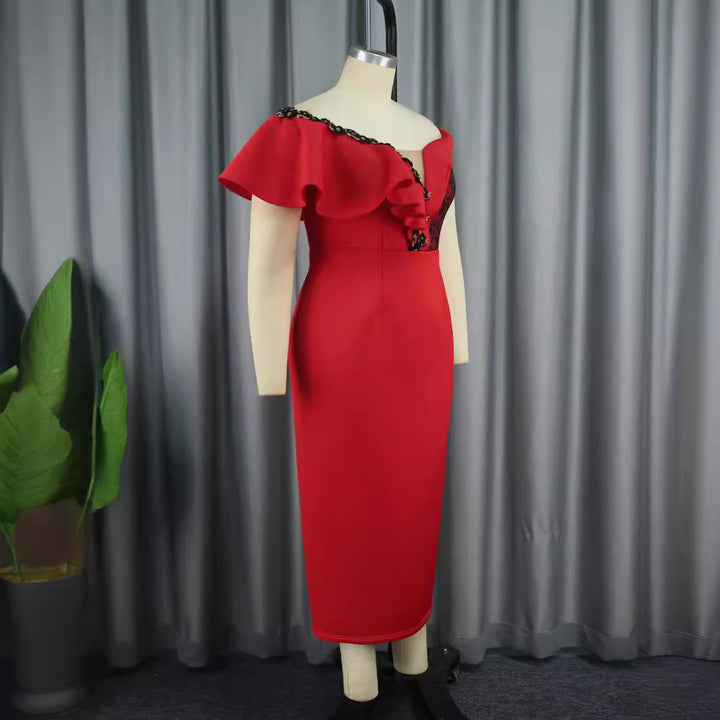 Damen Elegantes Figurbetontes Kleid mit asymmetrischem Design und Rüschendetails Drune
