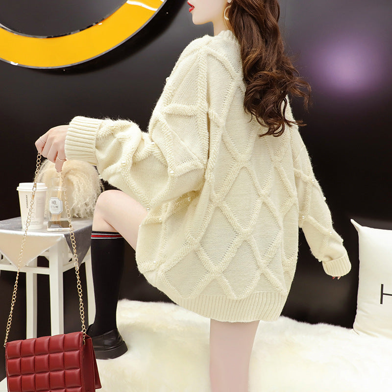 Damen Oversized Pullover mit Strukturmuster und Perlenverzierungen Drune