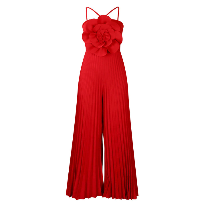 Damen Jumpsuit mit raffiniertem Plissee-Design und dekorativer Blumendetail Drune