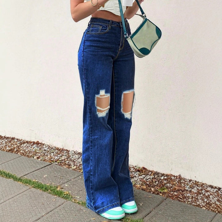 Damen High-Waist Flared-Jeans im Retro-Bootcut mit kniehohen Cut-Outs und Five-Pocket-Design Drune