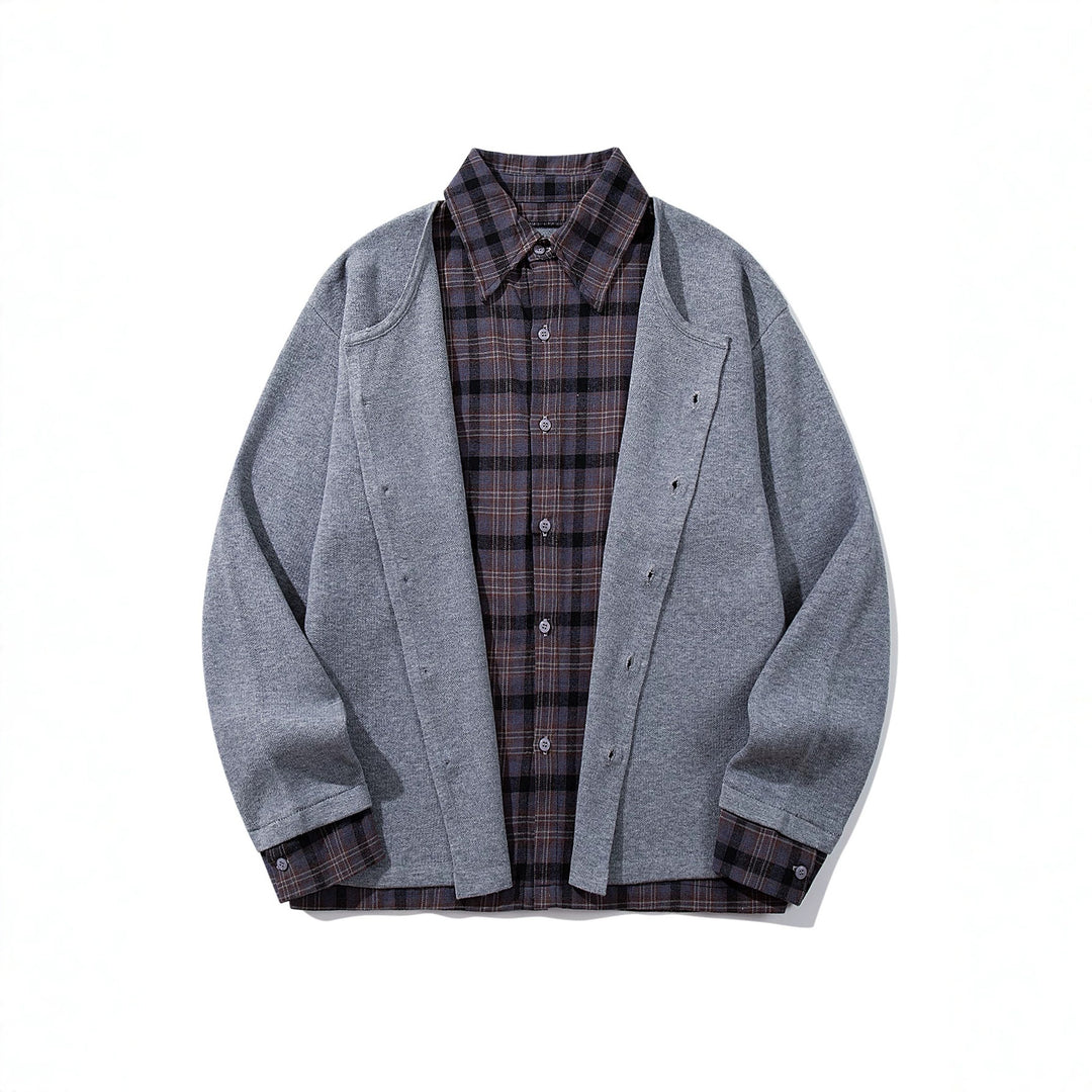 Herren Karierter Flanellhemd-Layer mit offenem Strickcardigan Drune