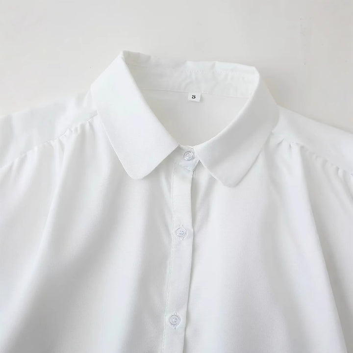 Damen nan bestickte Chiffon-Bluse mit floralem Saum, Volumenärmeln und Hemdkragen Drune