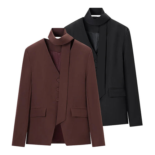 Damen nan taillierter Blazer mit Schalkragen-Schleife und V-Ausschnitt Drune
