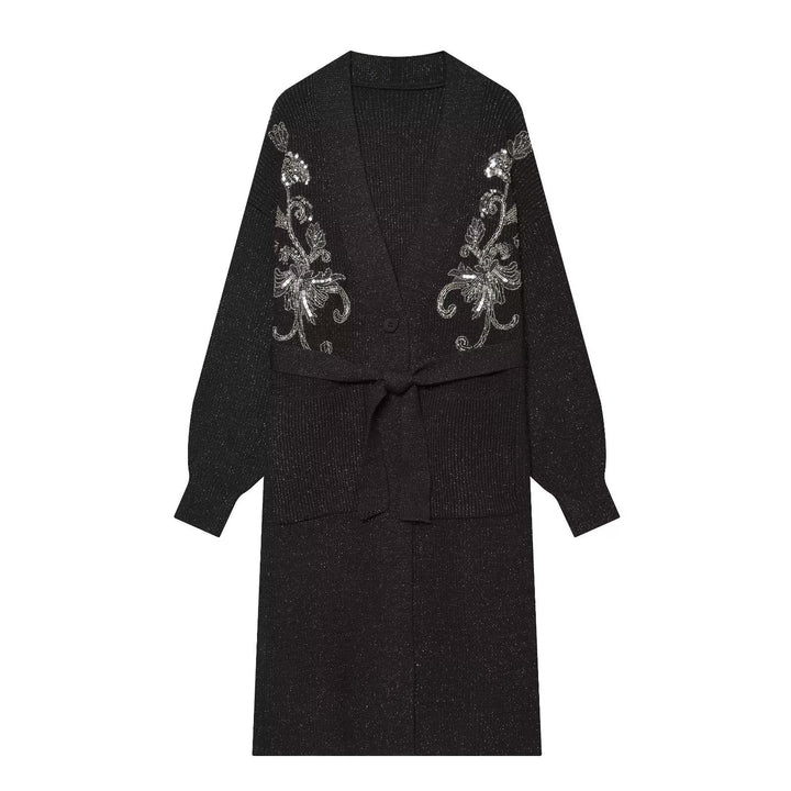 Damen langer Strickcardigan mit Taillengürtel und Paillettenstickerei Drune