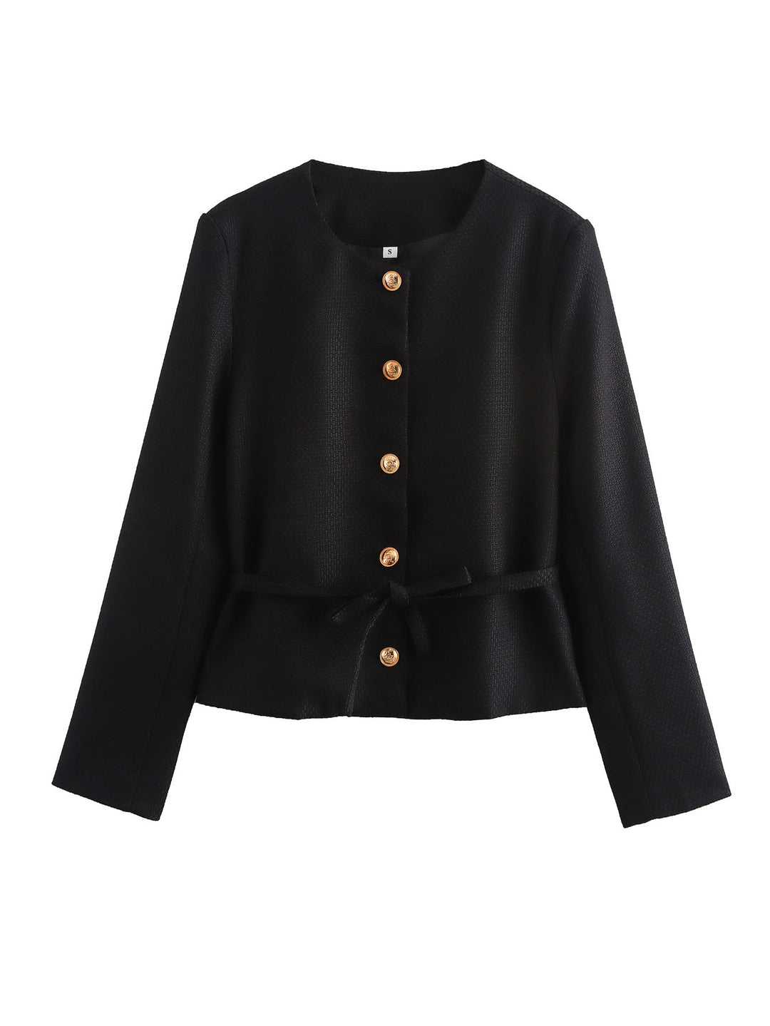 Damen nan strukturierte Kurzjacke mit Rundhalsausschnitt Holzknopf‑Leiste und taillierendem Bindegürtel Drune