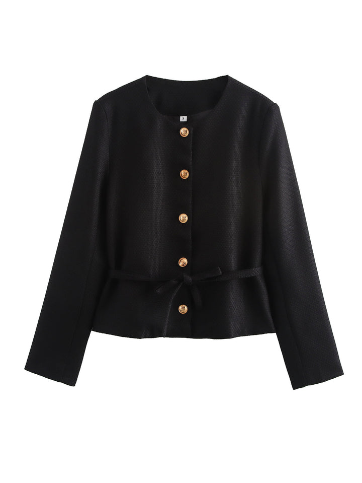 Damen nan strukturierte Kurzjacke mit Rundhalsausschnitt Holzknopf‑Leiste und taillierendem Bindegürtel Drune