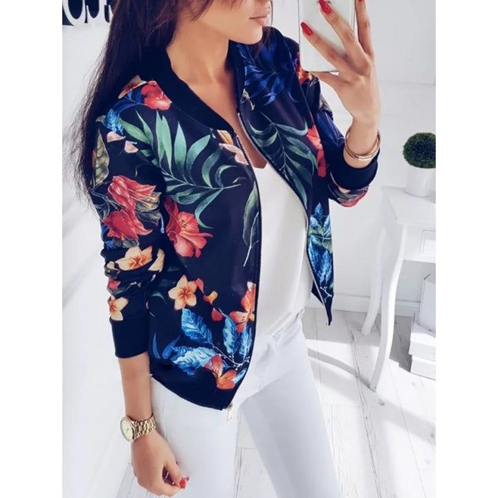 Damen Blousonjacke mit floralem Allover-Print, Reißverschluss und Rippbündchen Drune