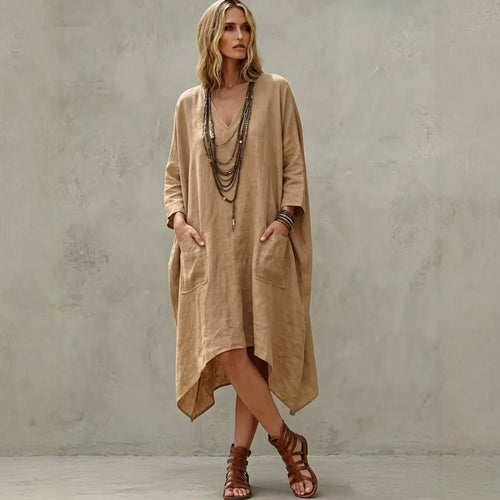 Damen nan Oversize Kaftankleid mit V-Ausschnitt, Eingrifftaschen und asymmetrischem Saum Drune