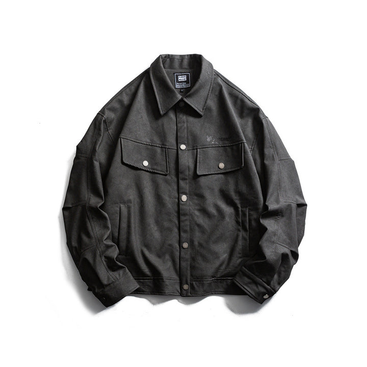 Herren Kurz geschnittener Canvas‑Trucker mit Veloursoptik, Pattentaschen und Druckknopfleiste Drune