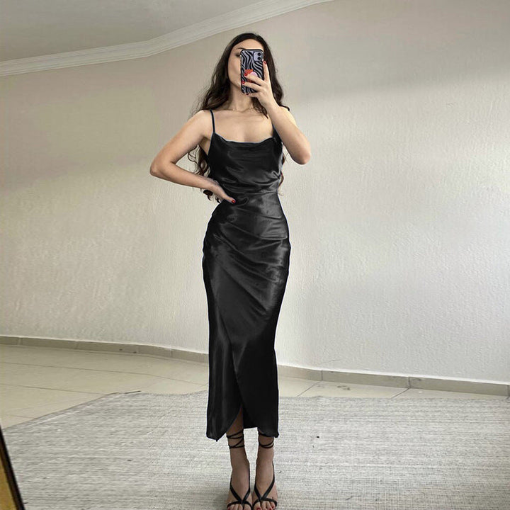 Damen modernes Satin-Midi-Kleid mit elegantem Wasserfallausschnitt und seitlichem Schlitz Drune