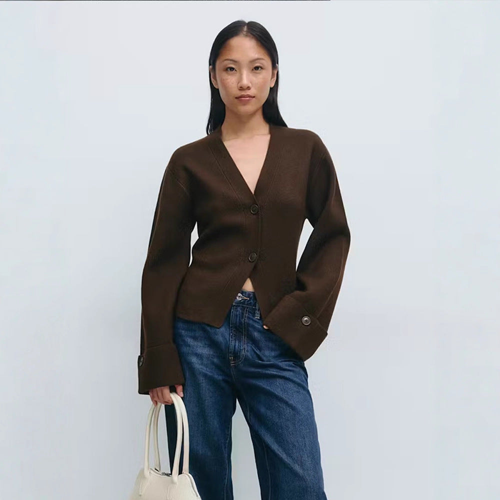 Damen Taillierte Feinstrickjacke mit tiefem V-Ausschnitt und breiten Manschetten Drune