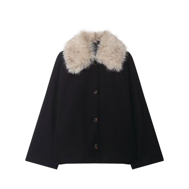 Damen Woll-Cape mit abnehmbarem Kunstfellkragen und verdeckter Knopfleiste Drune