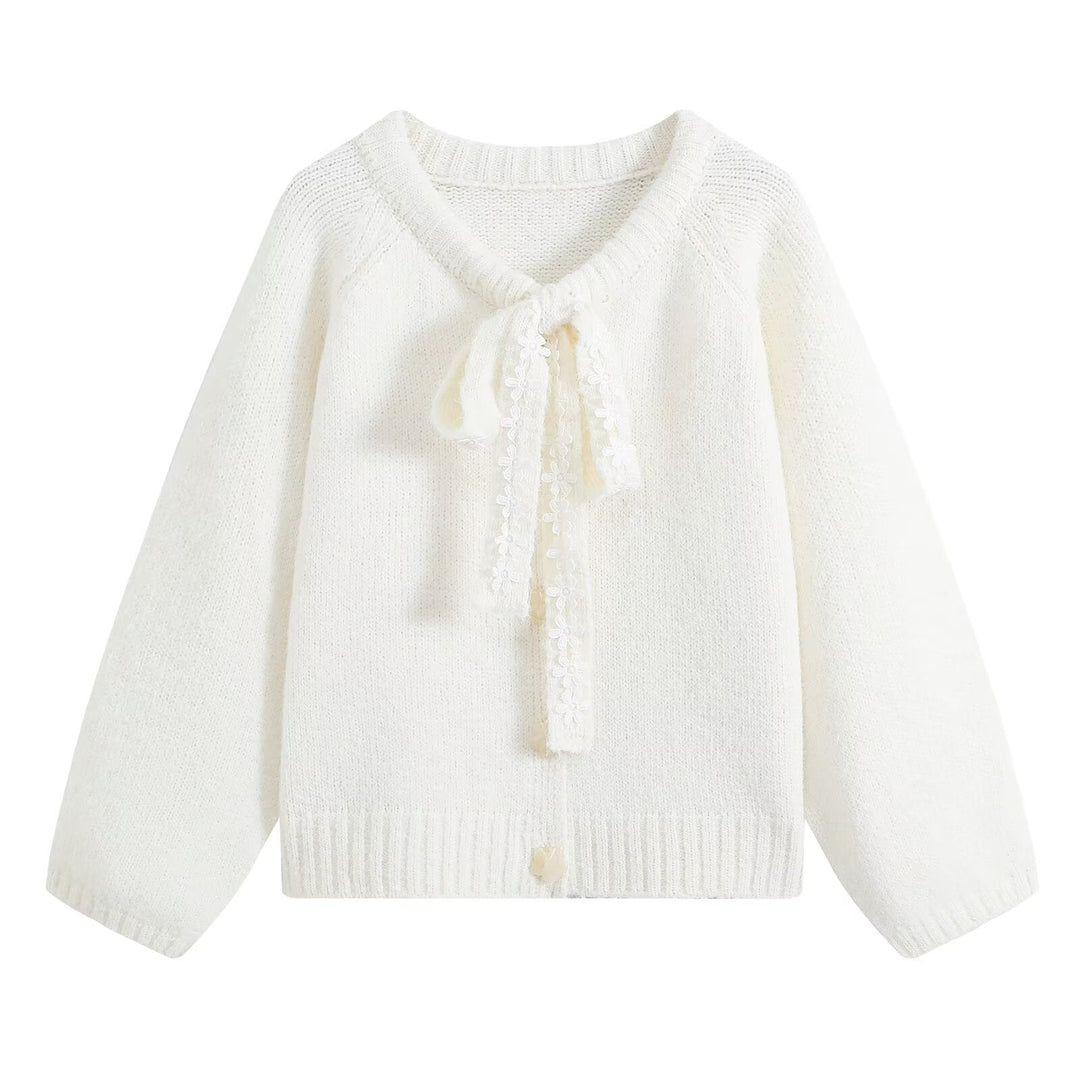 Damen Flauschige Strickjacke mit Spitzenband-Bindung Drune