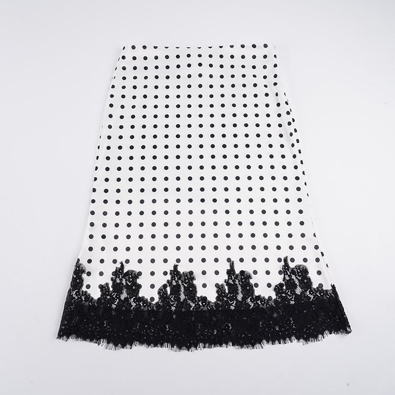 Damen Taillierter A‑Linien Midirock mit Polka‑Dot Print und Spitzenbordüre Drune