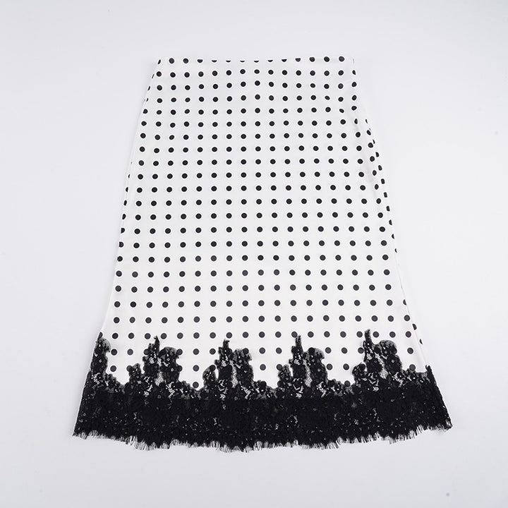 Damen Taillierter A‑Linien Midirock mit Polka‑Dot Print und Spitzenbordüre Drune