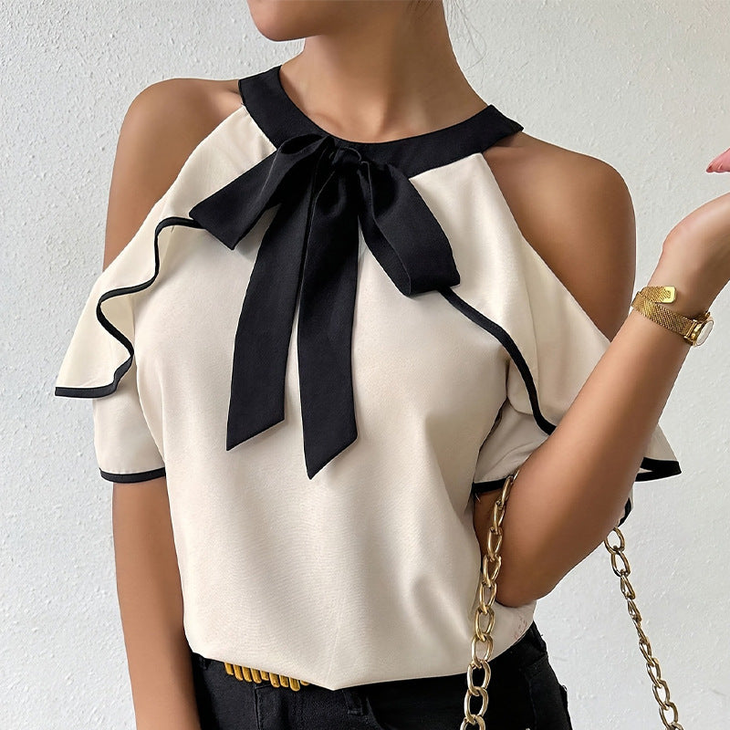 Damen Elegantes Oberteil mit Rüschendetails und Schleifen-Ausschnitt Drune