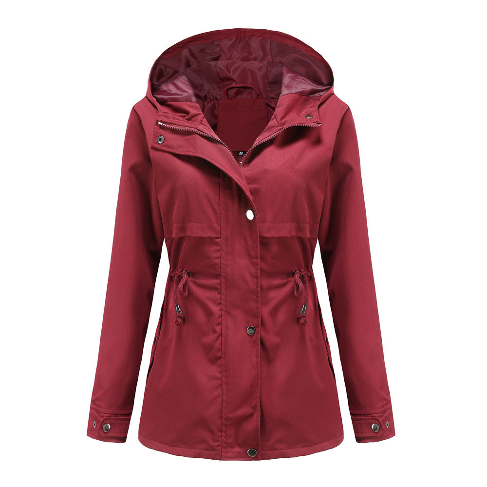 Damen nan atmungsaktive Übergangsjacke mit Kapuze, Taillenzug und verdeckter Druckknopfleiste Drune