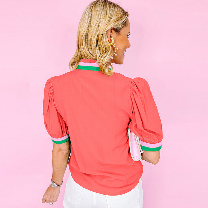 Damen Bluse mit stilvollen Rüschendetails und modischem Farbkontrast Drune