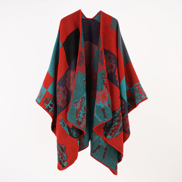 Damen Oversize-Jacquard-Capeponcho mit ornamentaler Webstruktur Drune