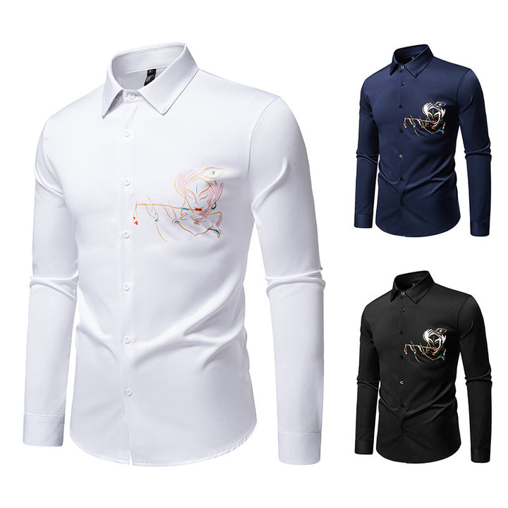 Herren Slim-Fit Businesshemd mit aufwendiger Bruststickerei und Kentkragen Drune