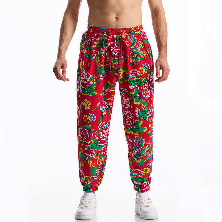 Herren lässige Haremshose mit buntem Blumenmuster und Gummizug Drune