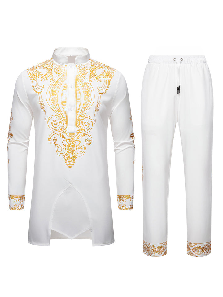 Herren Tunika Anzug mit Stehkragen und ornamentaler Goldapplikation Drune