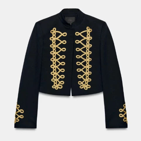 Damen Taillierter Cropped Militärblazer mit Stehkragen und goldverzierten Epauletten Drune
