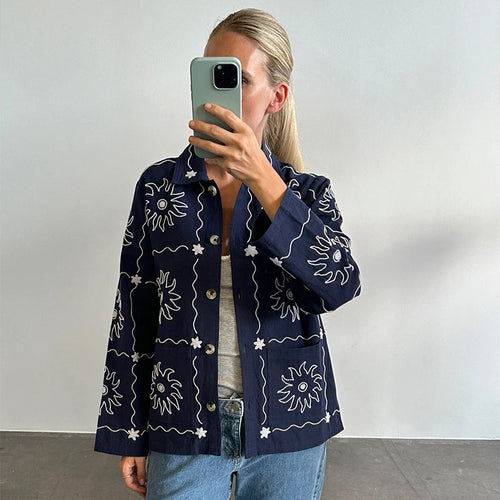 Damen Bomberjacke mit floralem Print und Knopfverschluss Drune