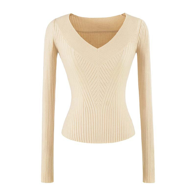 Damen Taillierter Rippstrick-Pullover mit V-Ausschnitt und formgebender Struktur Drune