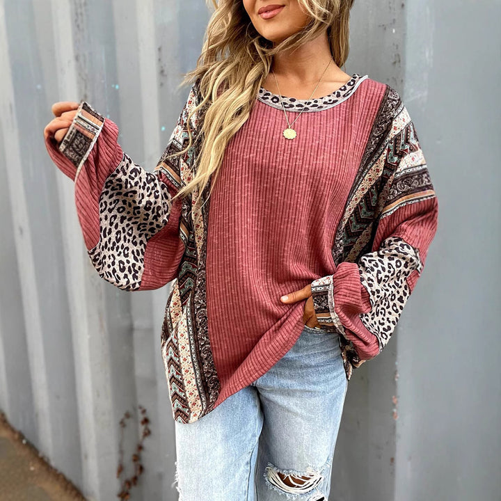 Damen Lässiges Patchwork-Longsleeve mit Rippenstruktur, Leoparden- und Boho-Print Drune