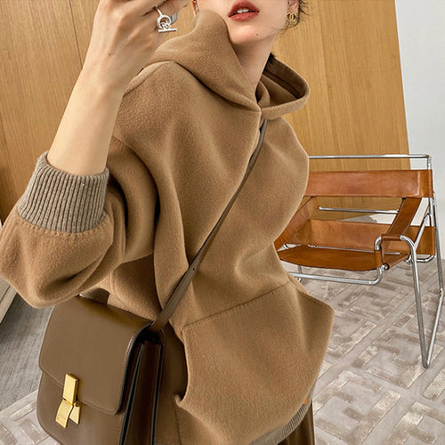 Damen Oversized Sweatjacke mit Kapuze und modernem Houndstooth-Muster Drune