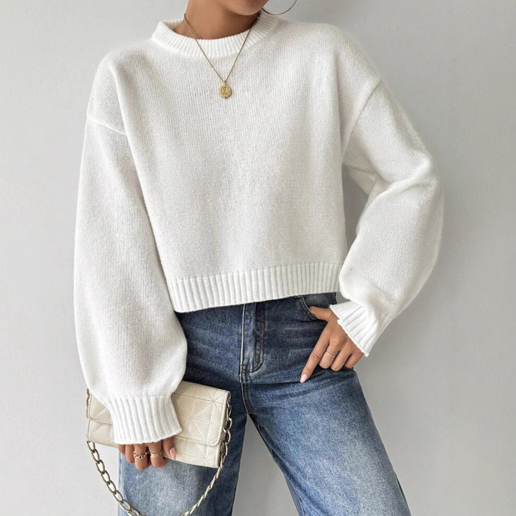 Damen Kurz-Cropped Pullover aus feinem Strick mit Ballonärmeln und geripptem Bund Drune
