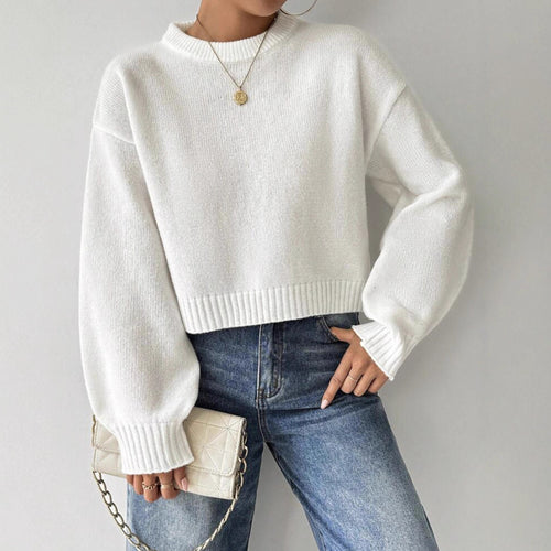 Damen Kurz-Cropped Pullover aus feinem Strick mit Ballonärmeln und geripptem Bund Drune