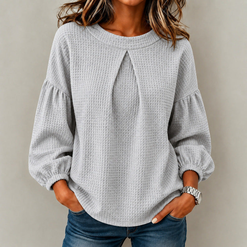Damen Lockeres Waffelstrick-Sweatshirt mit Vorderfalte und Ballonärmeln Drune