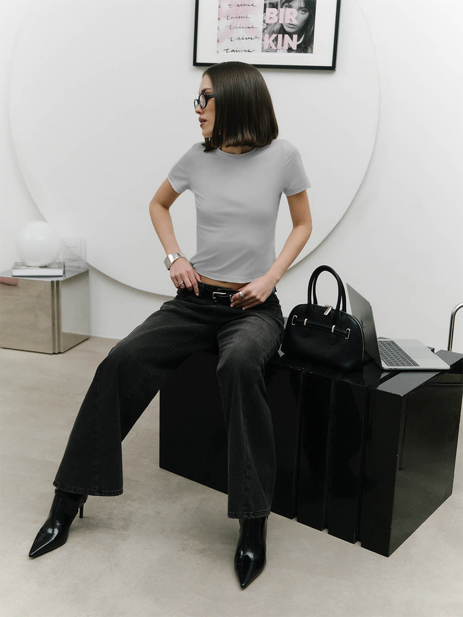 Damen Figurbetontes Basic-T-Shirt mit Rundhalsausschnitt Drune