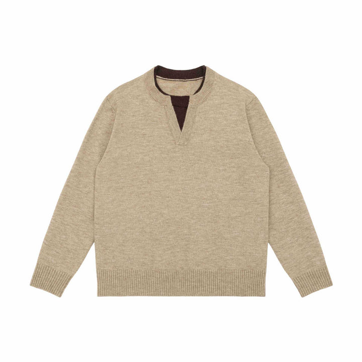 Unisex Grobgestrickter Pullover mit V-Notch Ausschnitt und kontrastierter Innenblende Drune