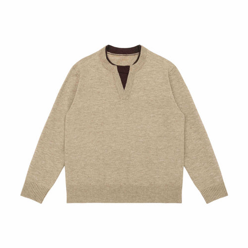 Unisex Grobgestrickter Pullover mit V-Notch Ausschnitt und kontrastierter Innenblende Drune
